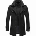 Men's Double-Layer Wool-Blend Button-Up Long Coat - Black