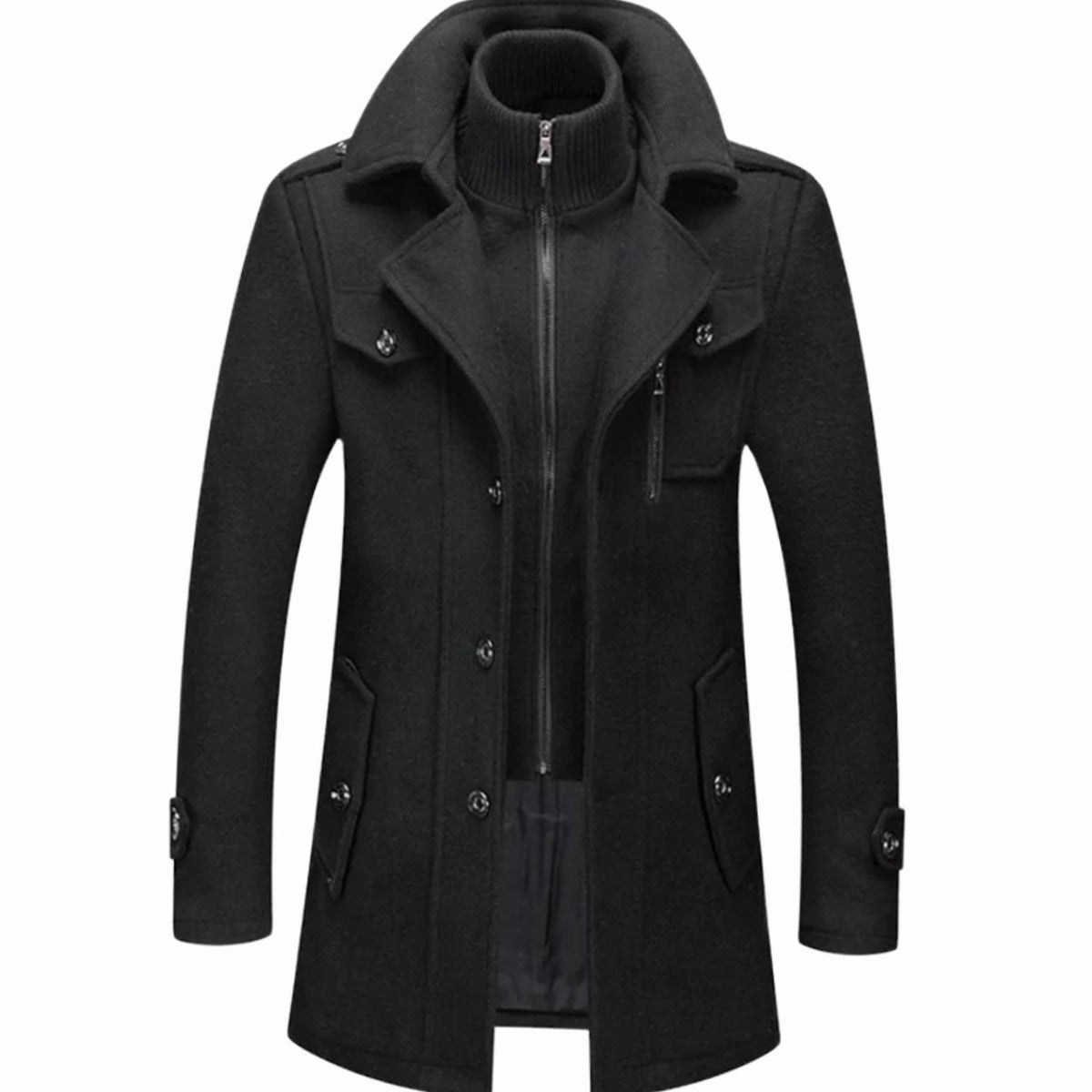 Men's Double-Layer Wool-Blend Button-Up Long Coat - Black