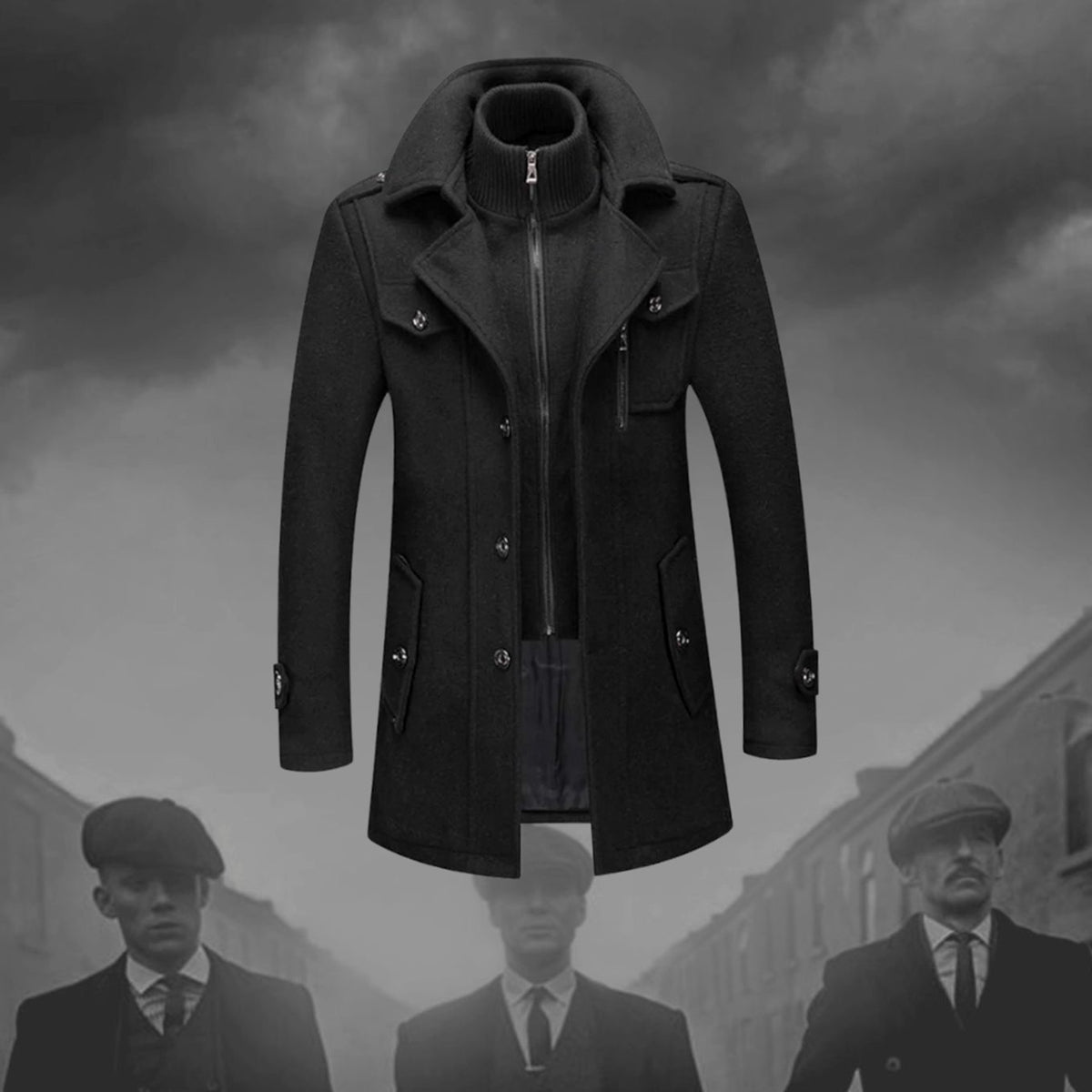 Men's Double-Layer Wool-Blend Button-Up Long Coat