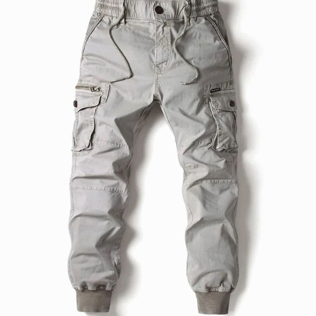 Men's Elastic Waist Cargo Jogger Pants Ribbed Cuff Tapered Fit - Light Gray
