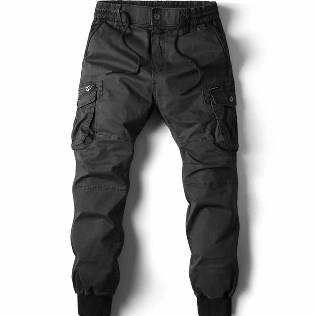 Men's Elastic Waist Cargo Jogger Pants Ribbed Cuff Tapered Fit - Black