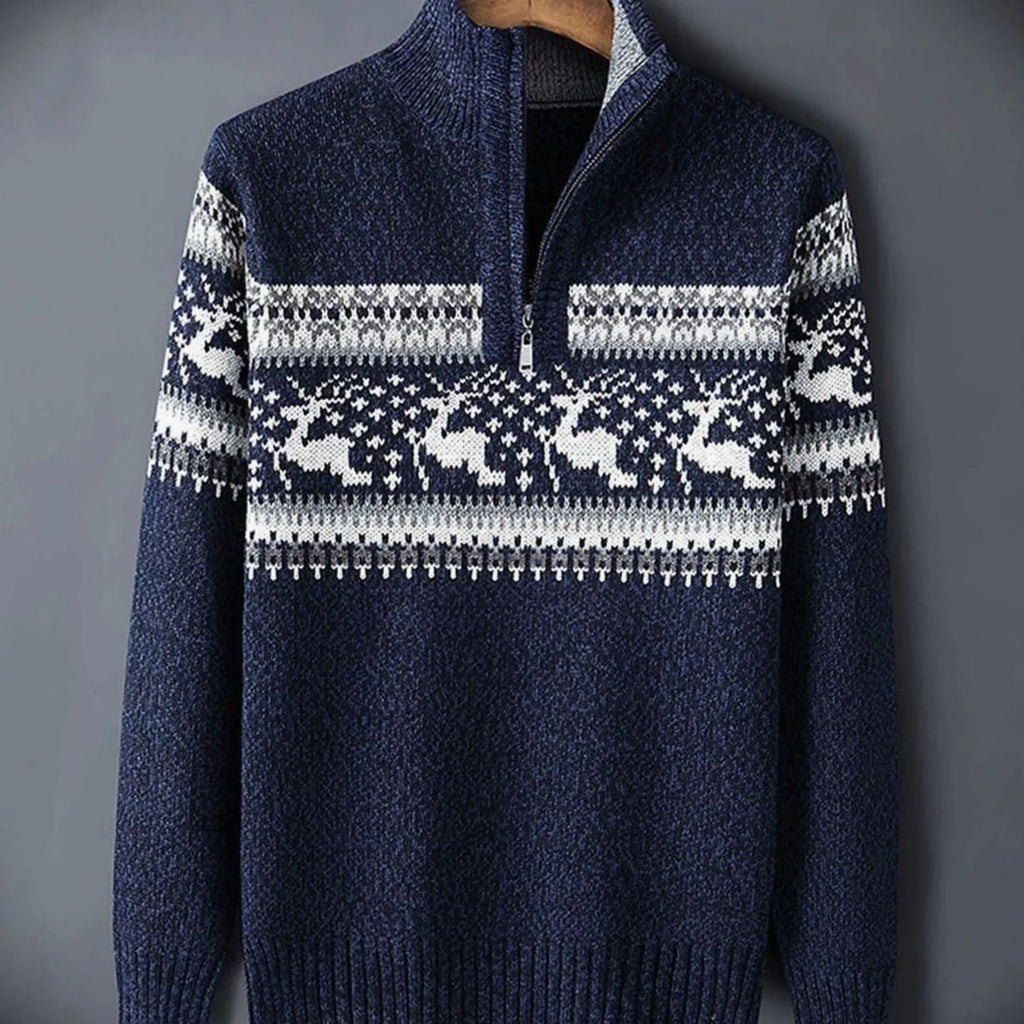 Men's Fair Isle Reindeer Quarter-Zip Pullover Sweater - Blue
