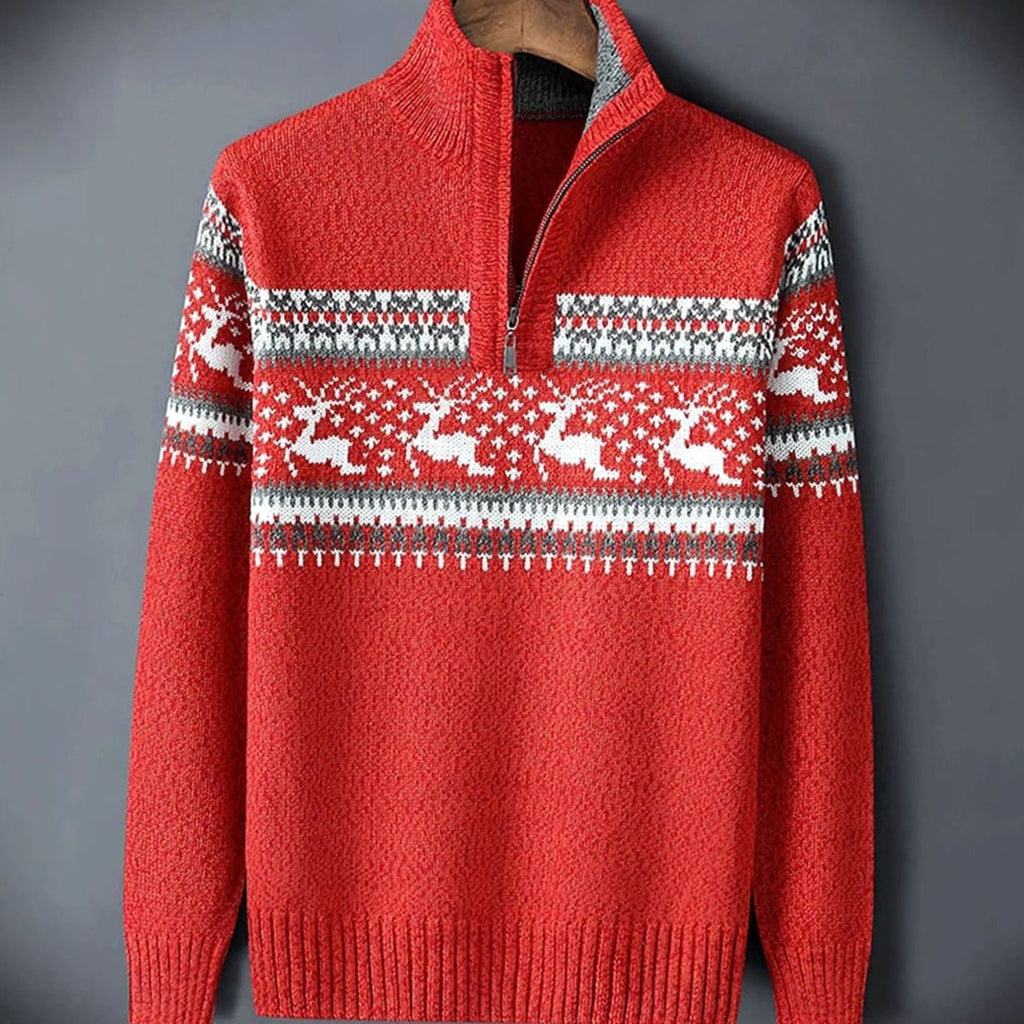 Men's Fair Isle Reindeer Quarter-Zip Pullover Sweater - Red