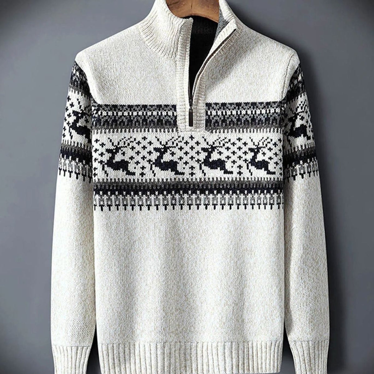 Men's Fair Isle Reindeer Quarter-Zip Pullover Sweater - White