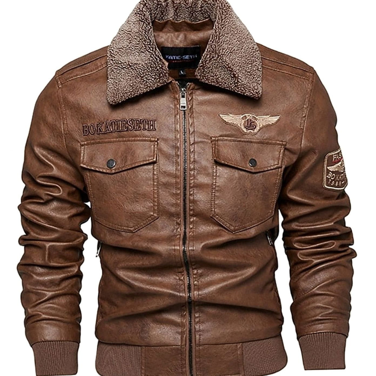Men's Faux Leather Aviator Bomber Jacket Sherpa Collar - Brown