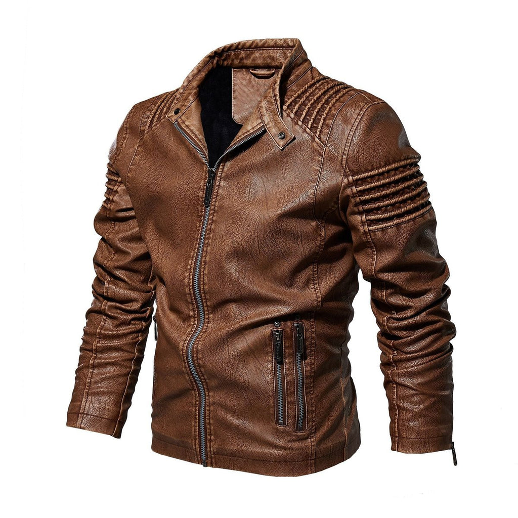 Men's Faux Leather Biker Jacket Ribbed-Shoulder Zip-Up