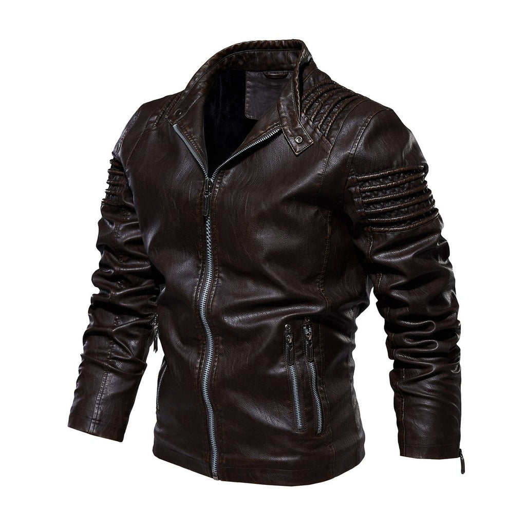 Men's Faux Leather Biker Jacket Ribbed-Shoulder Zip-Up
