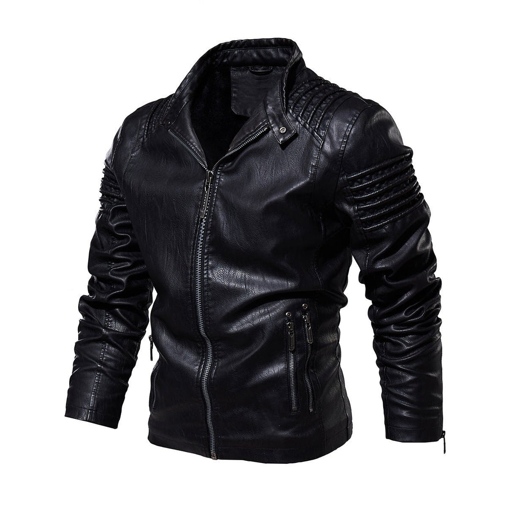 Men's Faux Leather Biker Jacket Ribbed-Shoulder Zip-Up - Black