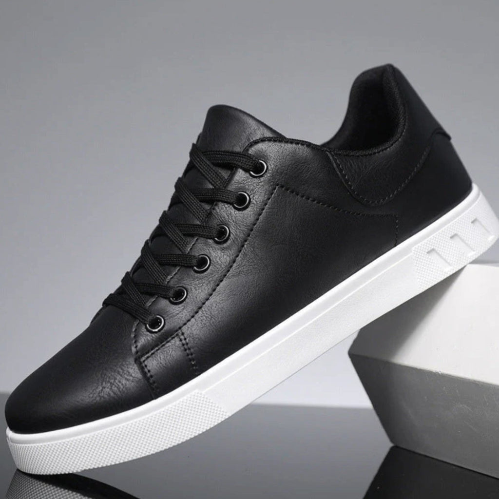 Men's Faux Leather Lace-Up Low-Top Casual Sneakers - Black