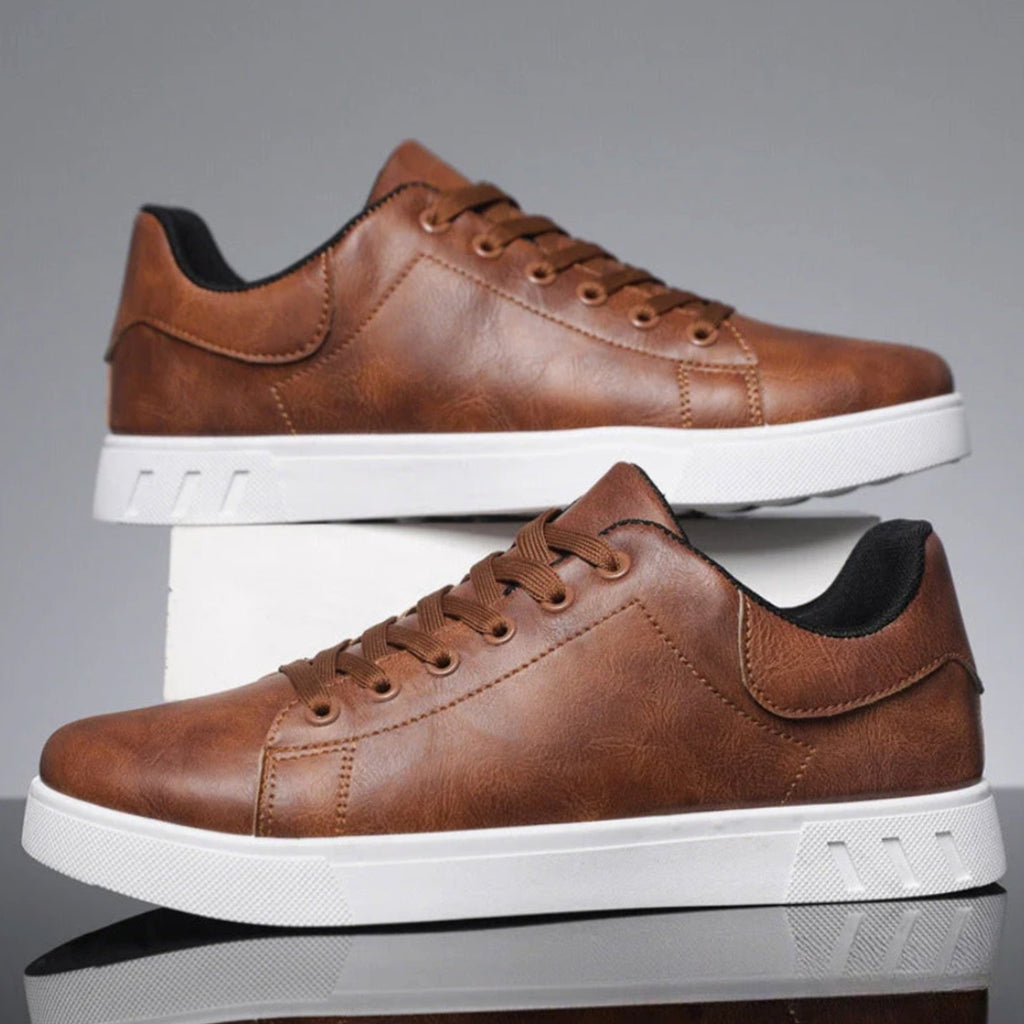 Men's Faux Leather Lace-Up Low-Top Casual Sneakers - Brown