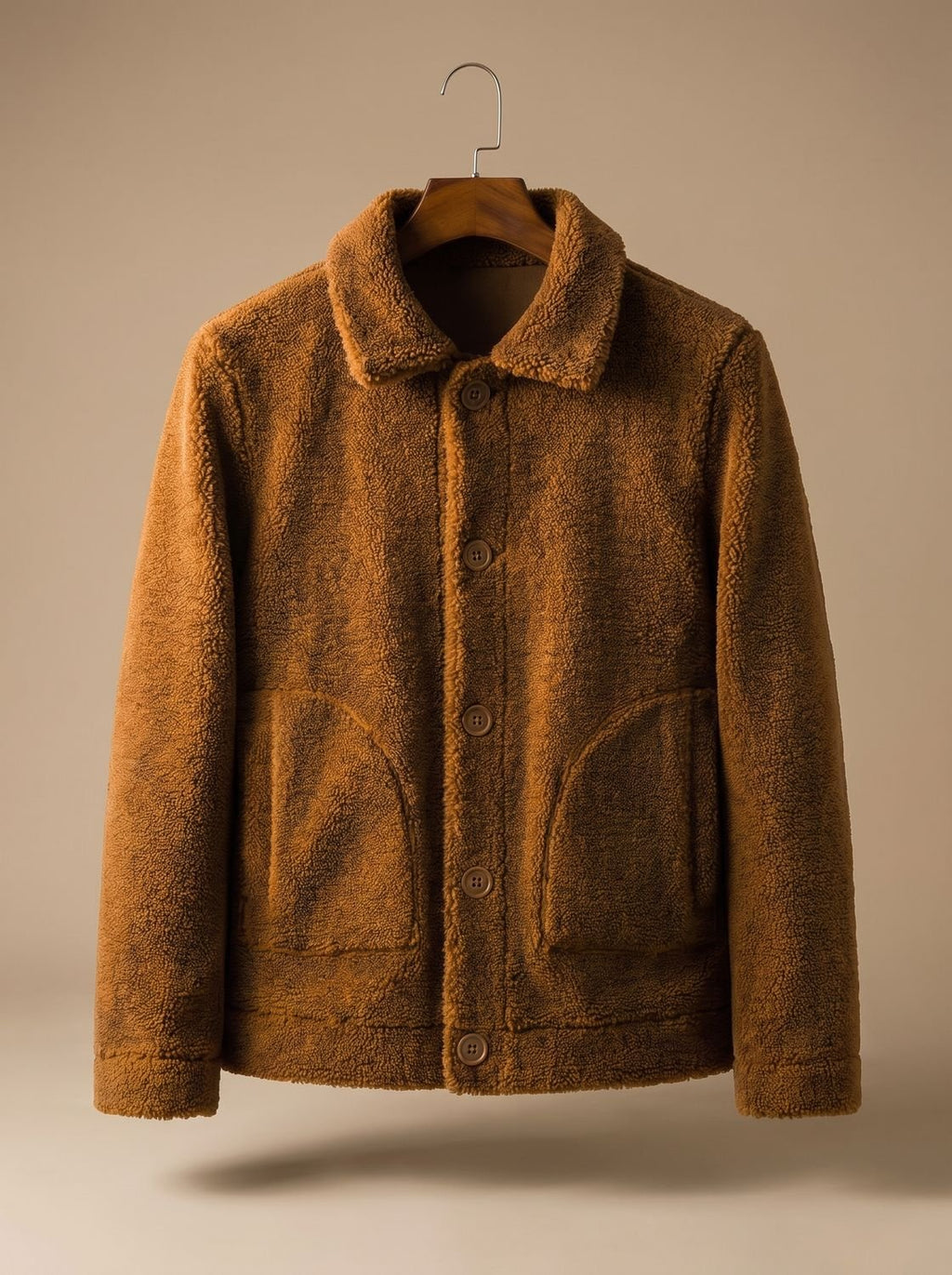 Men's Faux Shearling Button-Front Teddy Jacket - Camel