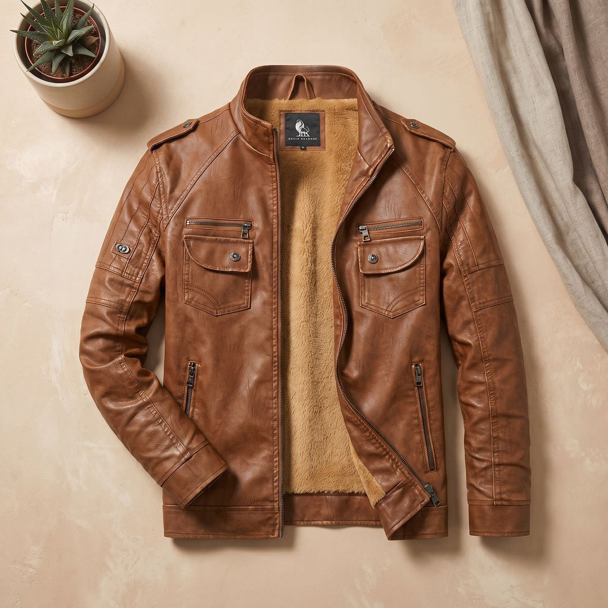 Men's Fleece-Lined Faux Leather Slim-Fit Biker Jacket
