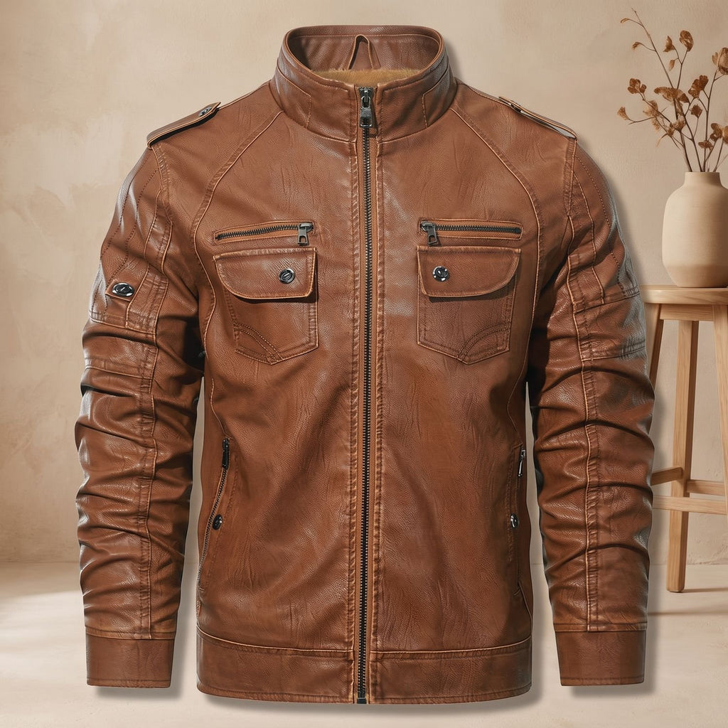 Men's Fleece-Lined Faux Leather Slim-Fit Biker Jacket
