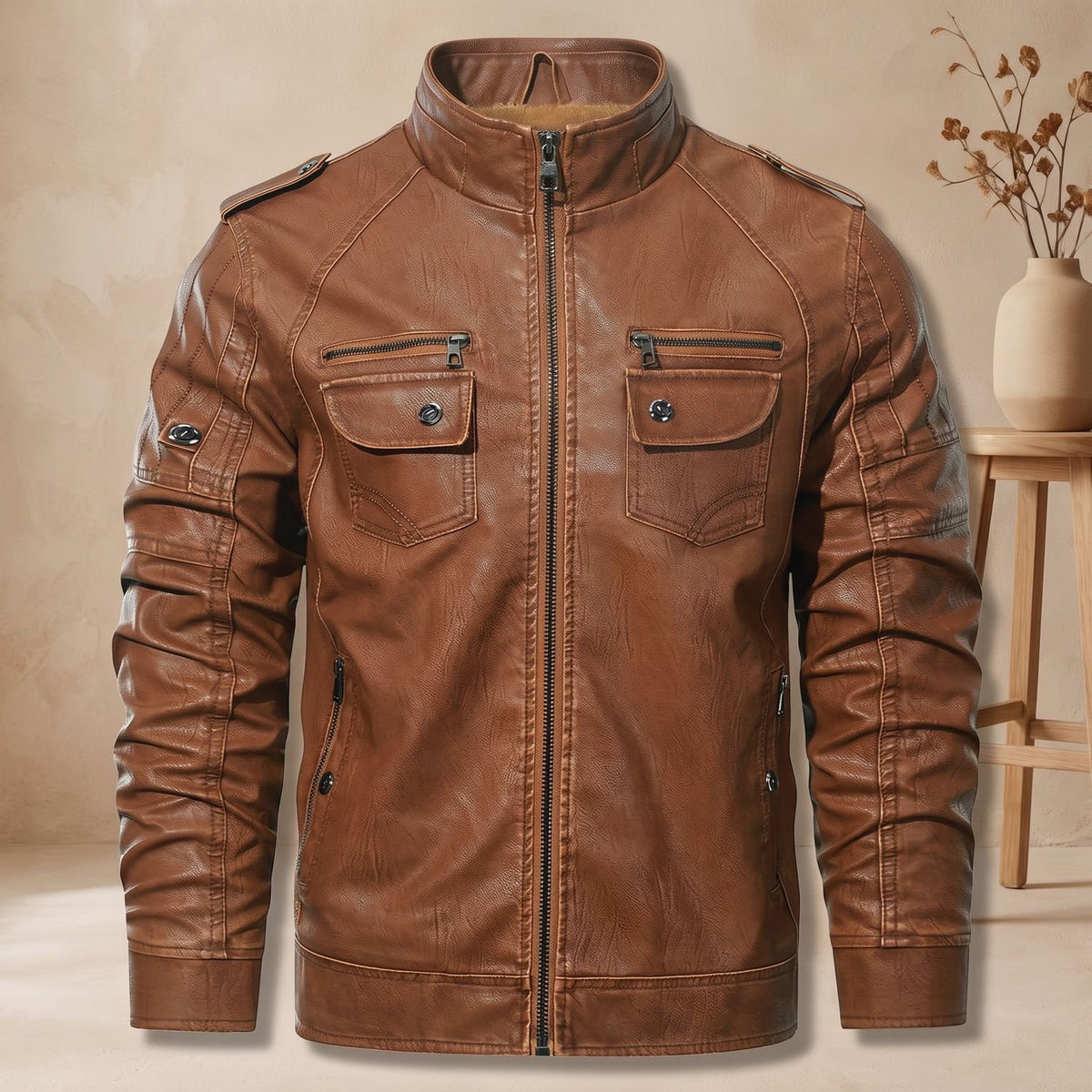 Men's Fleece-Lined Faux Leather Slim-Fit Biker Jacket