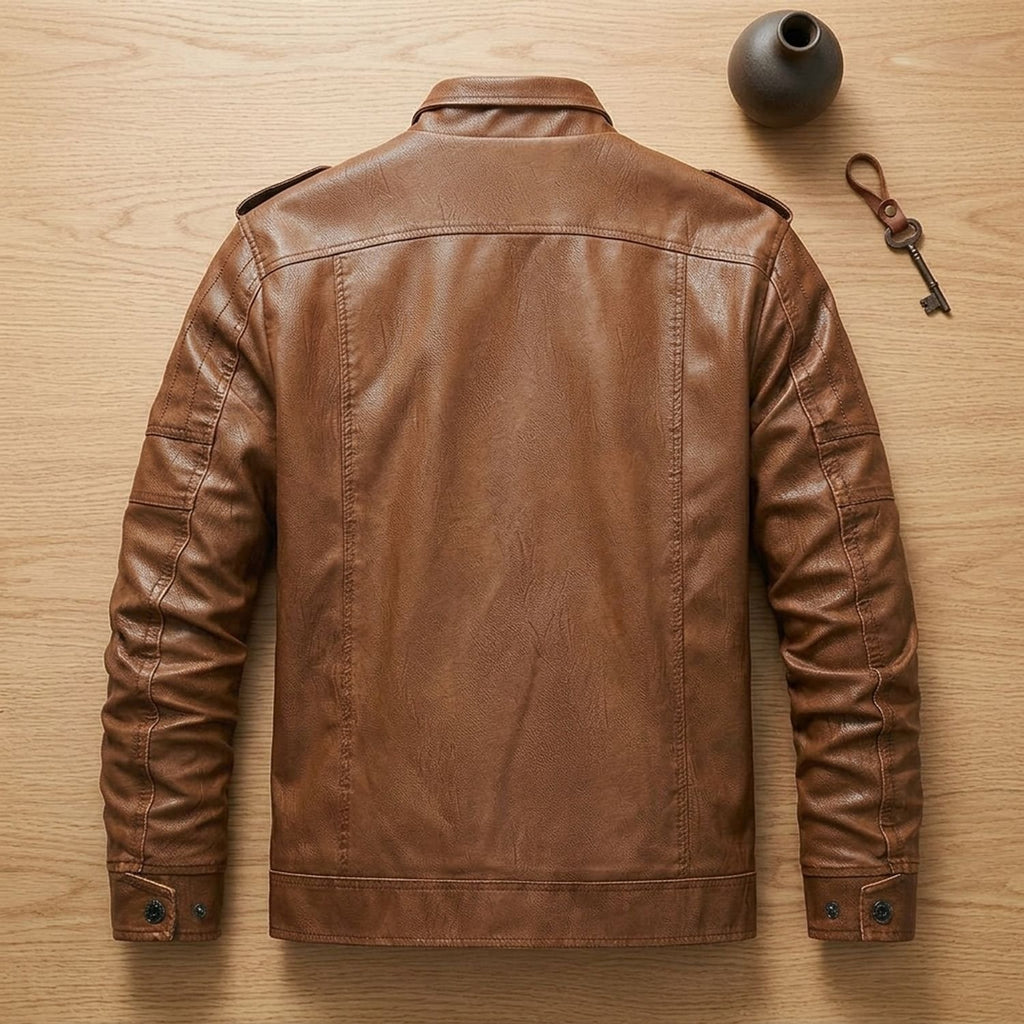 Men's Fleece-Lined Faux Leather Slim-Fit Biker Jacket