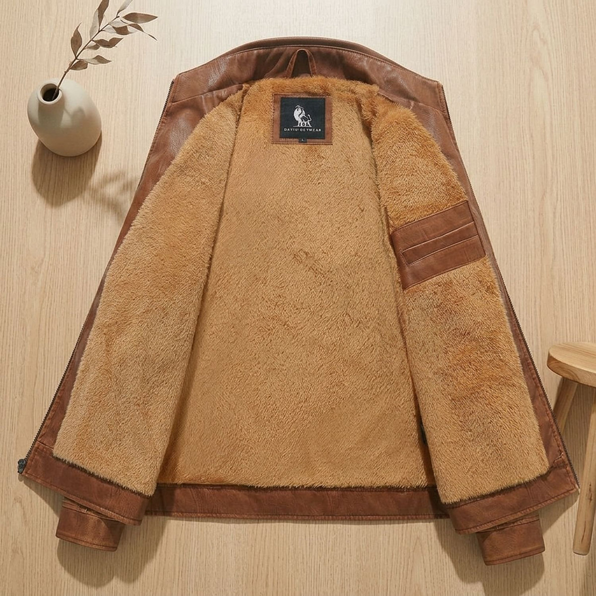 Men's Fleece-Lined Faux Leather Slim-Fit Biker Jacket