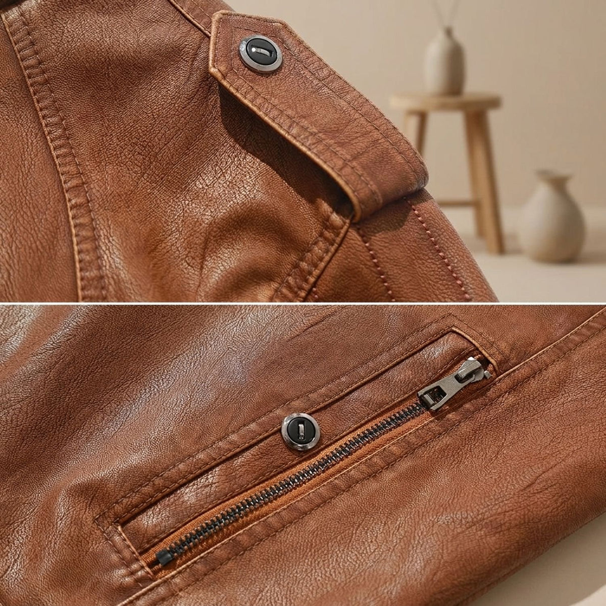 Men's Fleece-Lined Faux Leather Slim-Fit Biker Jacket