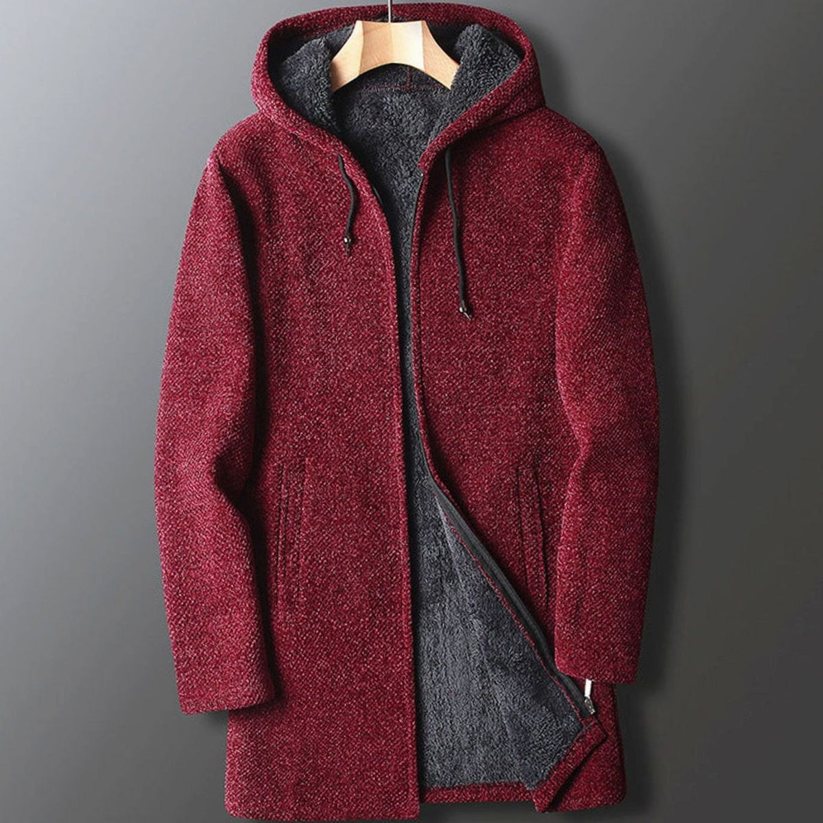 Men's Fleece-Lined Full-Length Drawstring Hooded Coat - Red