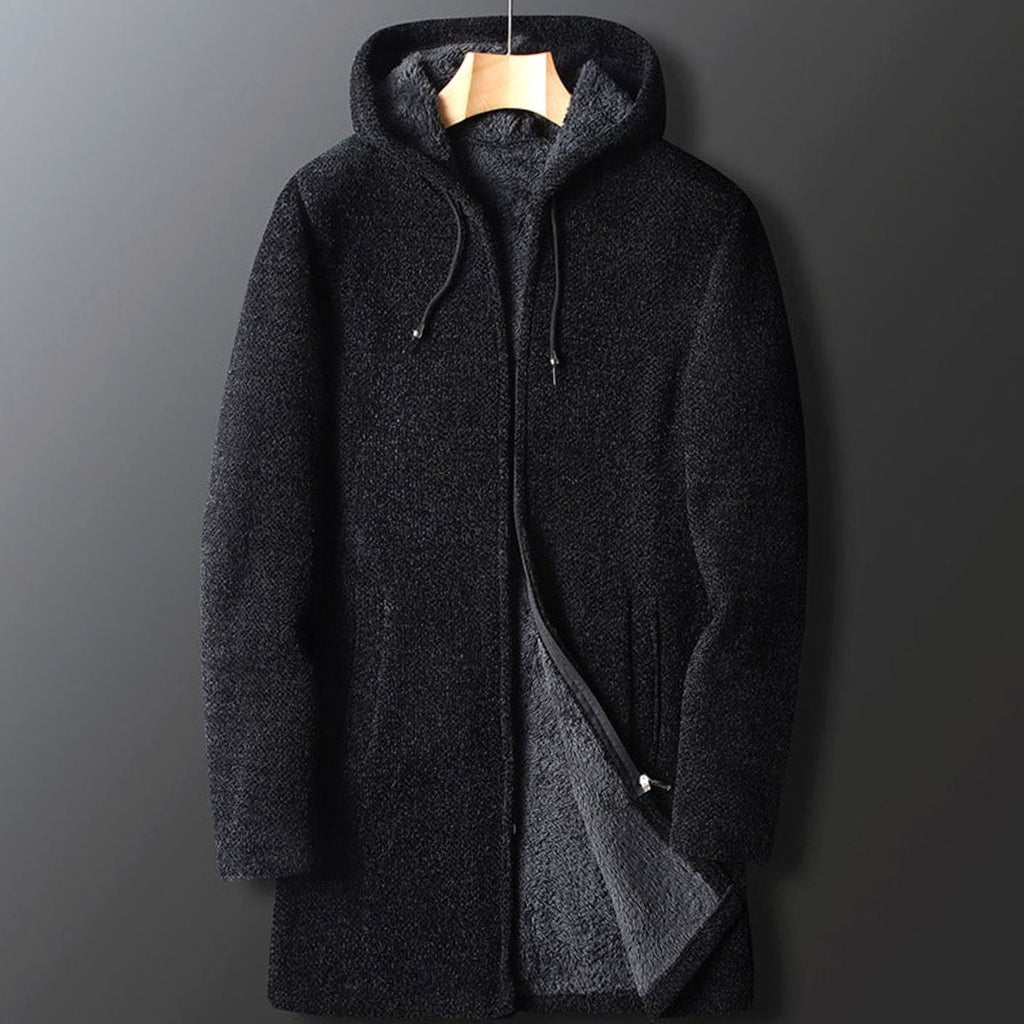 Men's Fleece-Lined Full-Length Drawstring Hooded Coat - Black