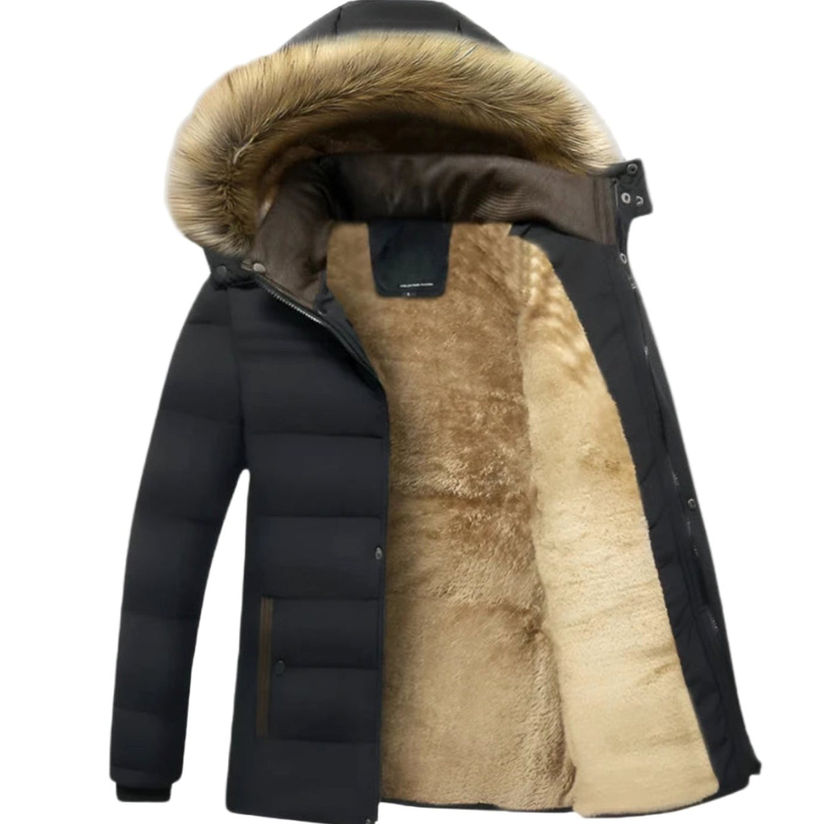 Men's Fleece-Lined Fur Hood Heavy-Duty Winter Jackets - Black