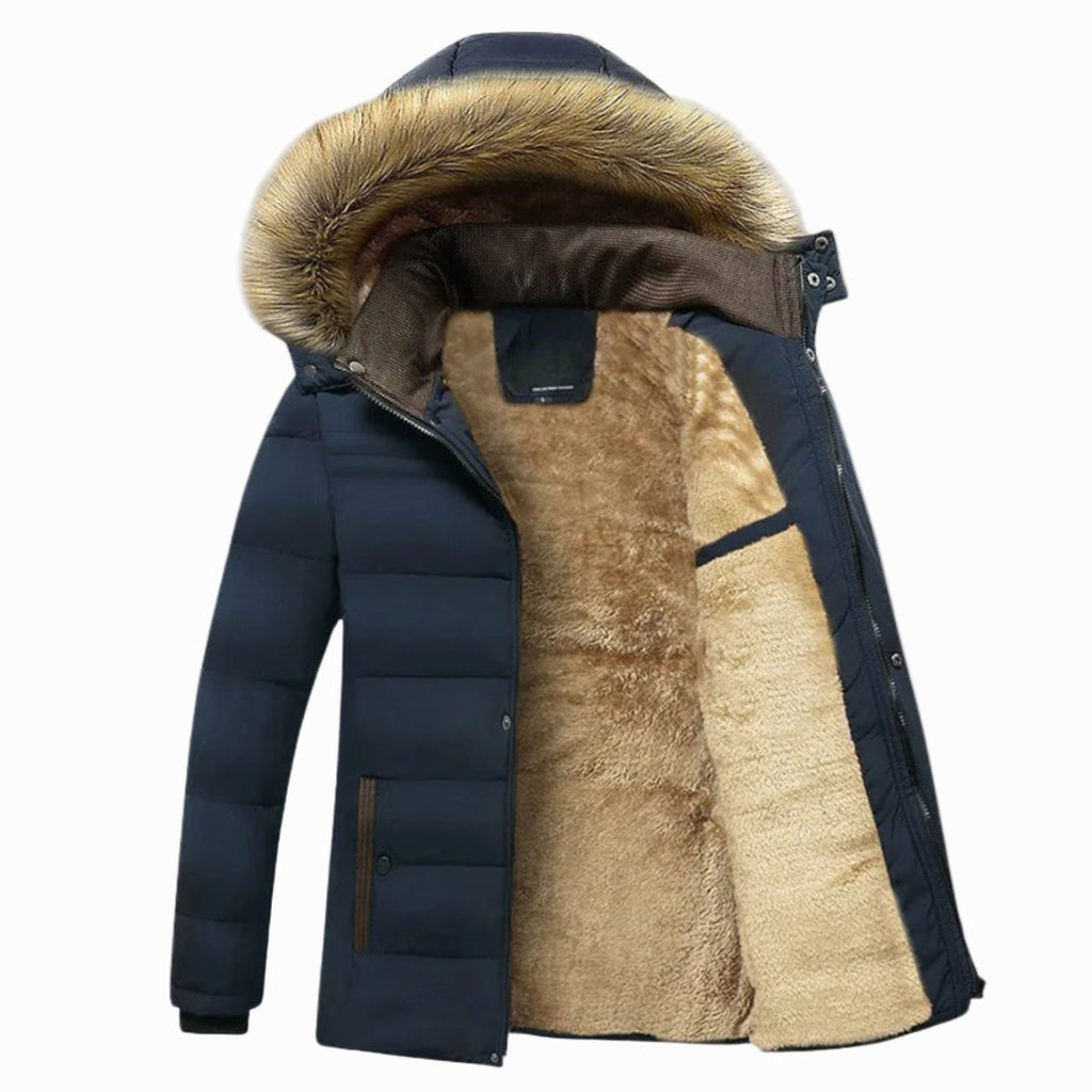 Men's Fleece-Lined Fur Hood Heavy-Duty Winter Jackets - Blue