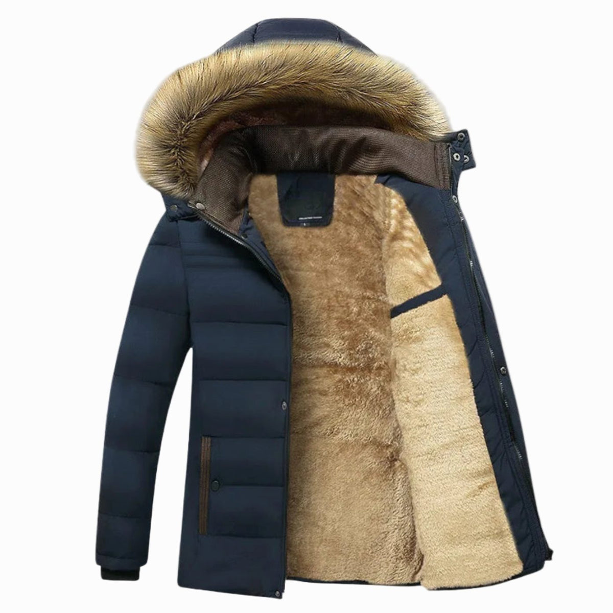 Men's Fleece-Lined Fur Hood Heavy-Duty Winter Jackets - Blue