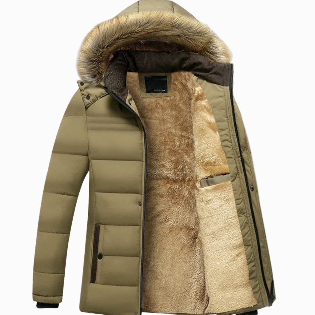Men's Fleece-Lined Fur Hood Heavy-Duty Winter Jackets - Khaki