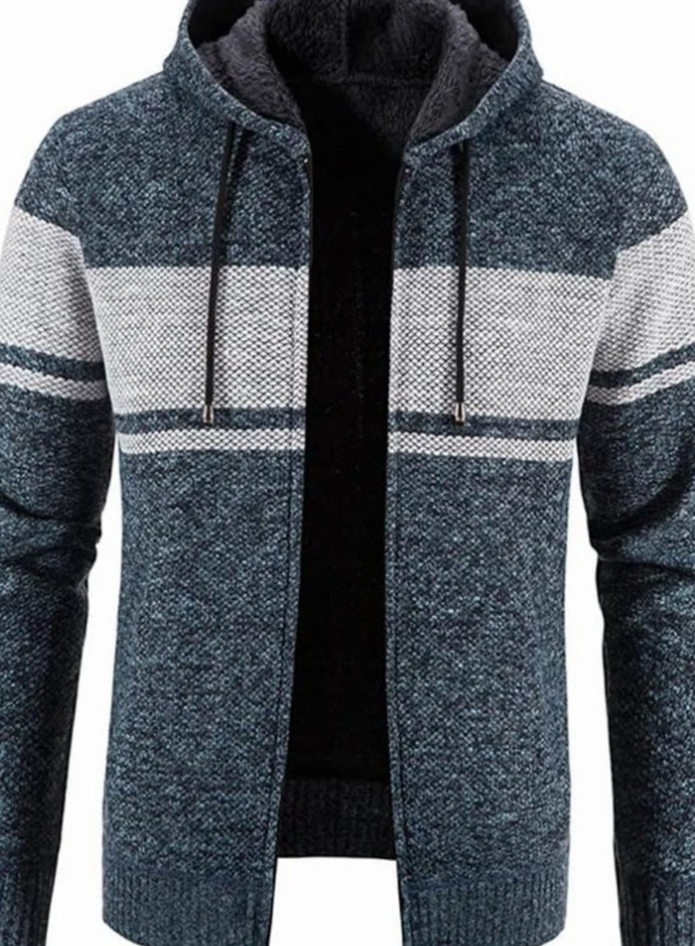 Men's Fleece-Lined Hooded Full-Zip Front Cardigan Sweater - Blue Gray