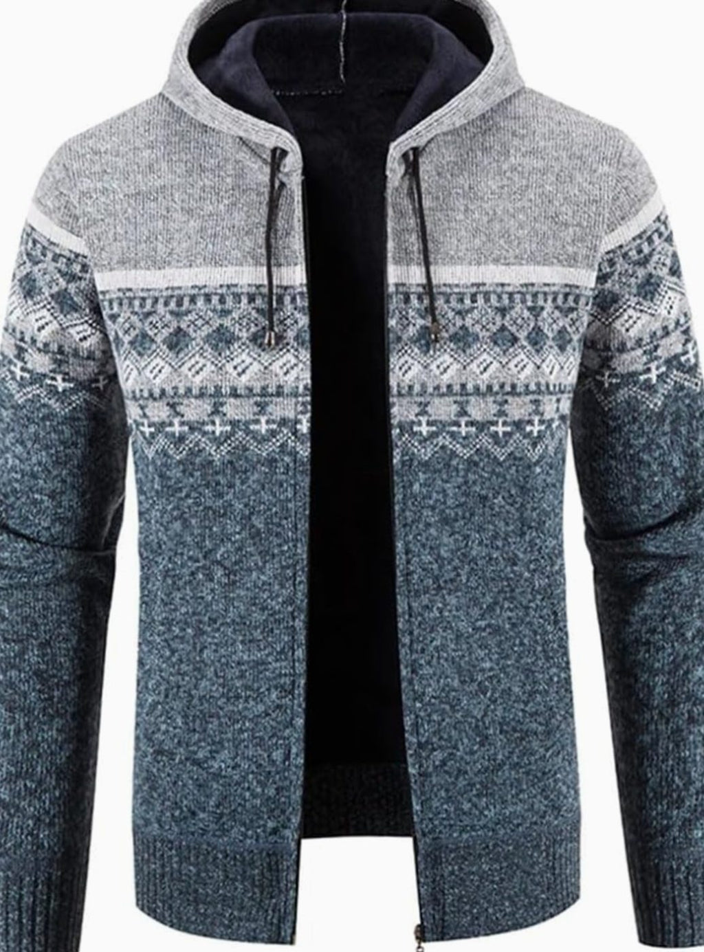 Men's Fleece-Lined Hooded Full-Zip Front Cardigan Sweater - Light Gray Blue