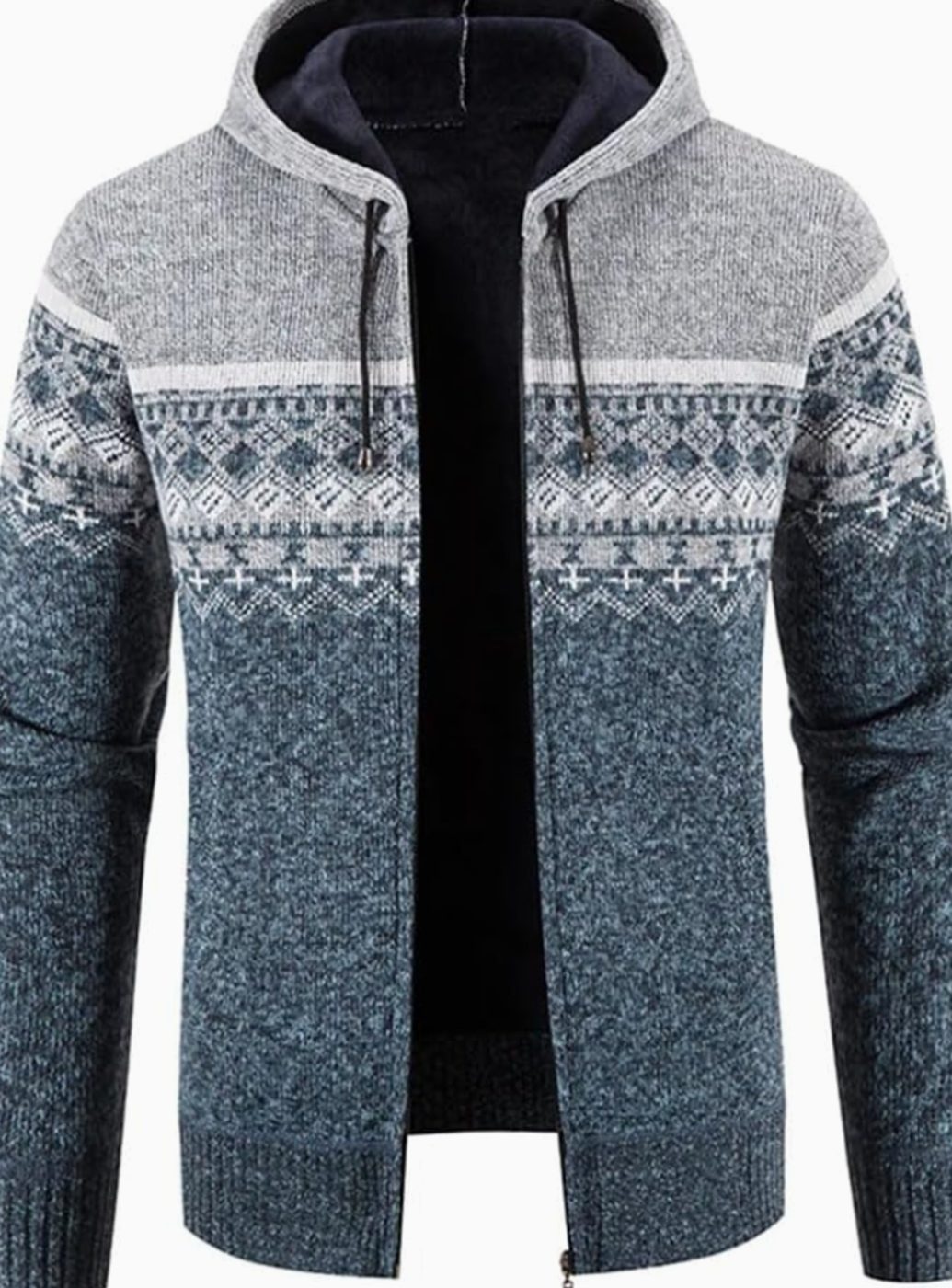 Men's Fleece-Lined Hooded Full-Zip Front Cardigan Sweater - Light Gray Blue