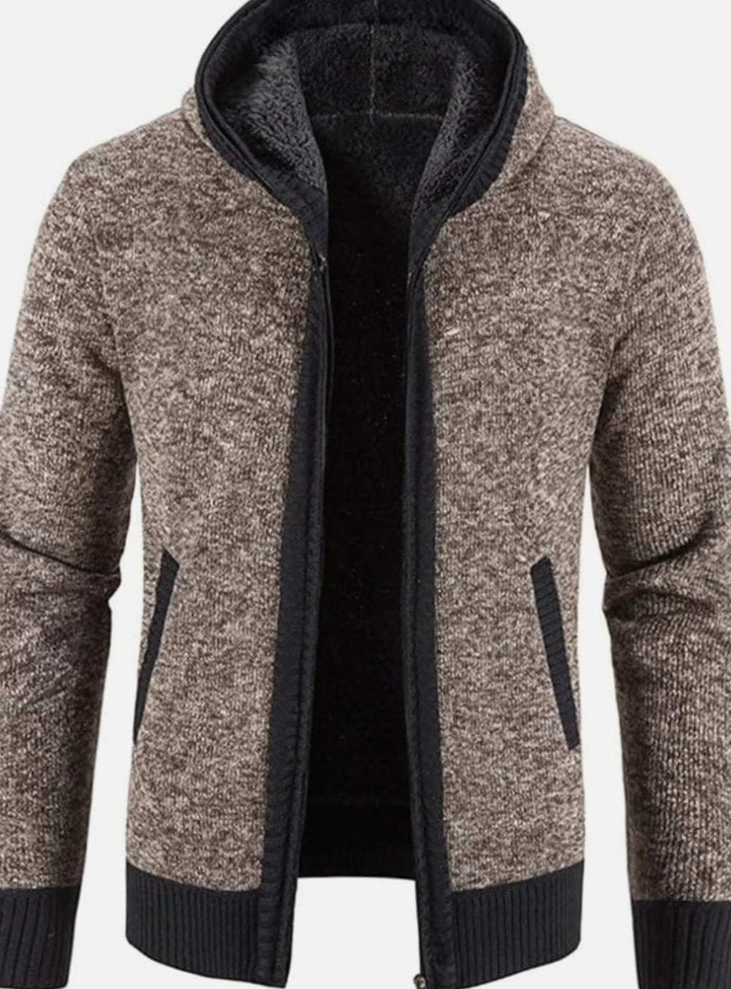 Men's Fleece-Lined Hooded Full-Zip Front Cardigan Sweater - Brown