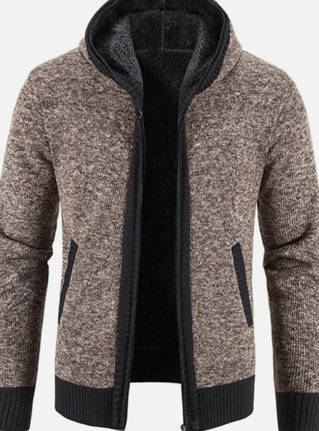 Men's Fleece-Lined Hooded Full-Zip Front Cardigan Sweater - Brown