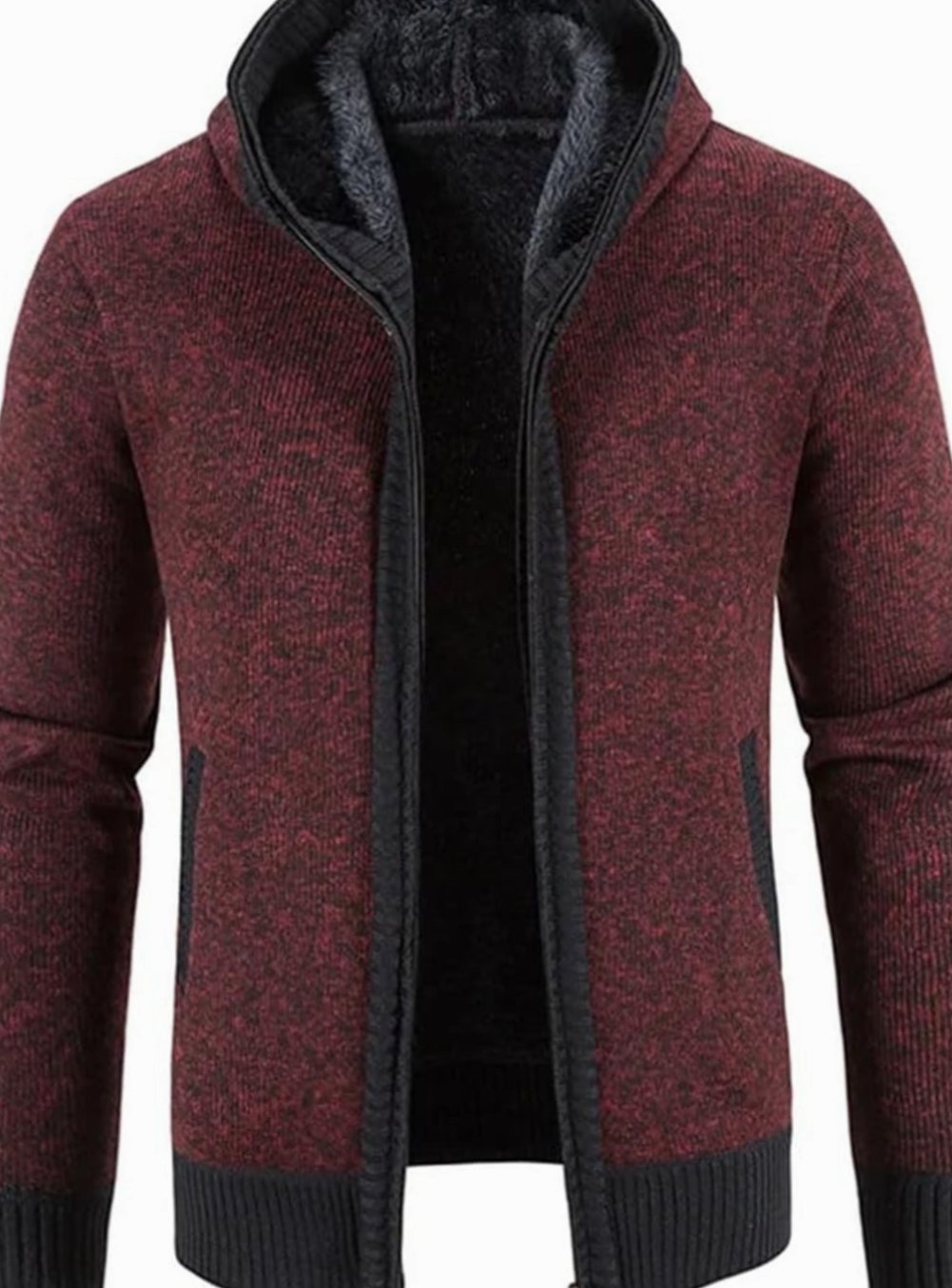 Men's Fleece-Lined Hooded Full-Zip Front Cardigan Sweater - Dark Red