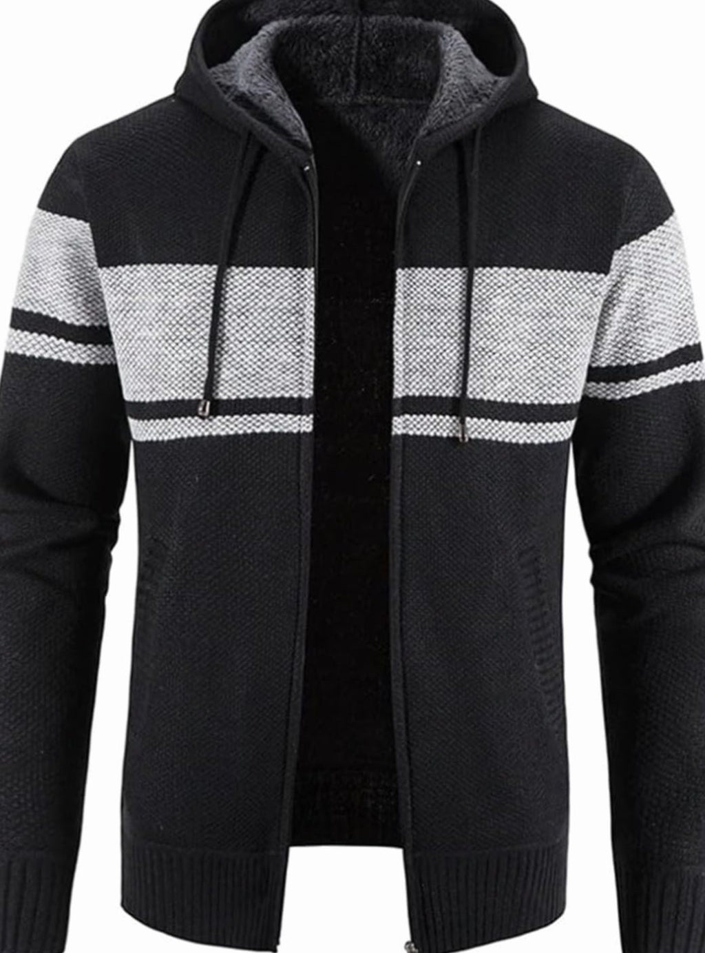 Men's Fleece-Lined Hooded Full-Zip Front Cardigan Sweater - Black Gray