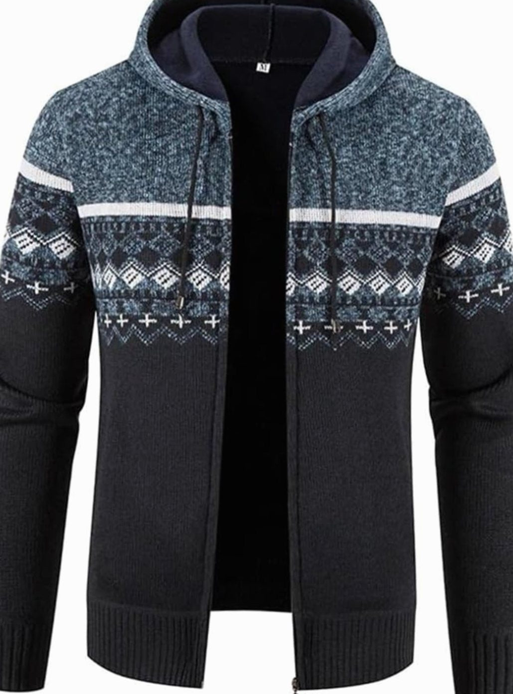 Men's Fleece-Lined Hooded Full-Zip Front Cardigan Sweater - Blue Black
