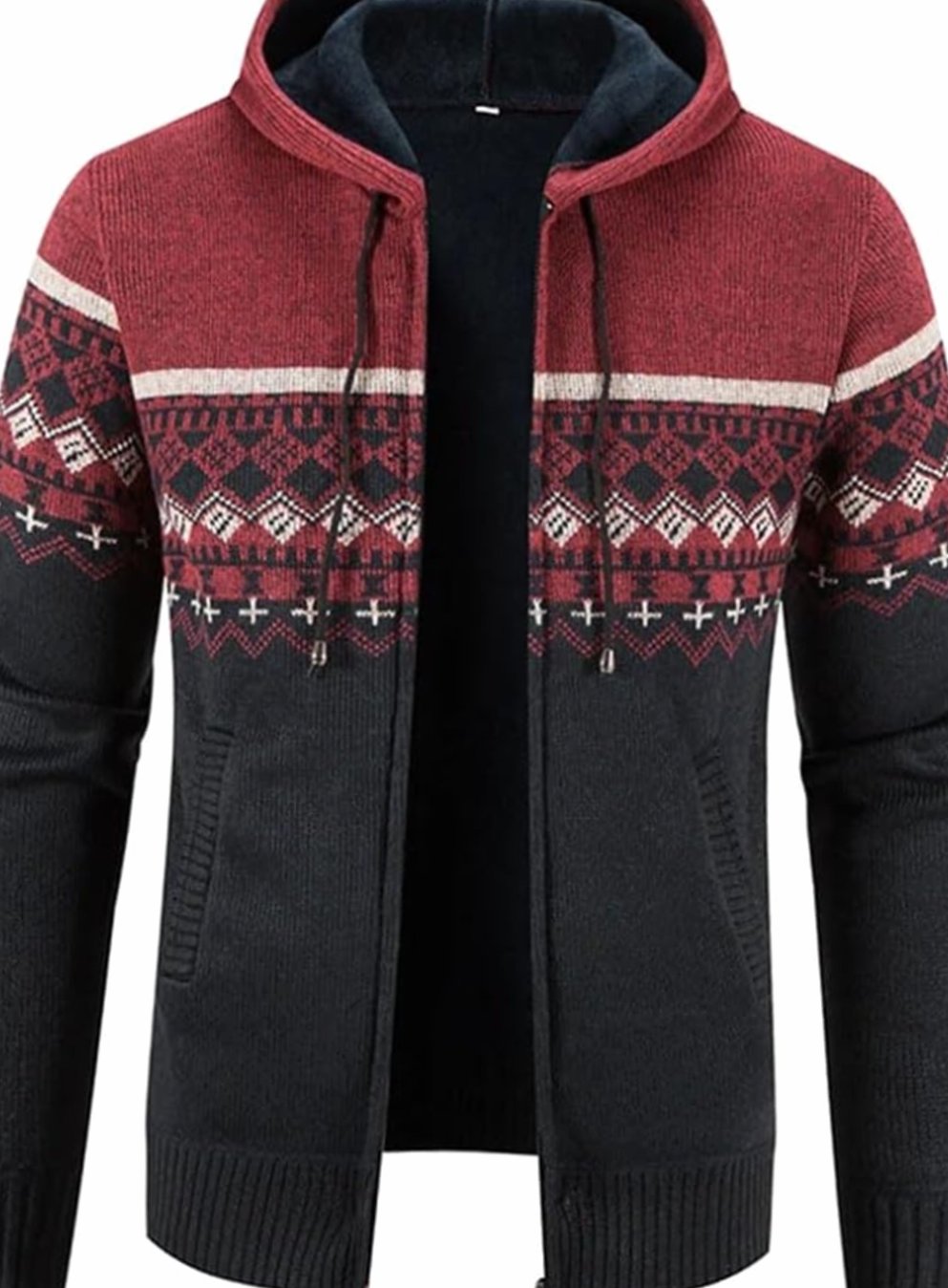 Men's Fleece-Lined Hooded Full-Zip Front Cardigan Sweater - Red