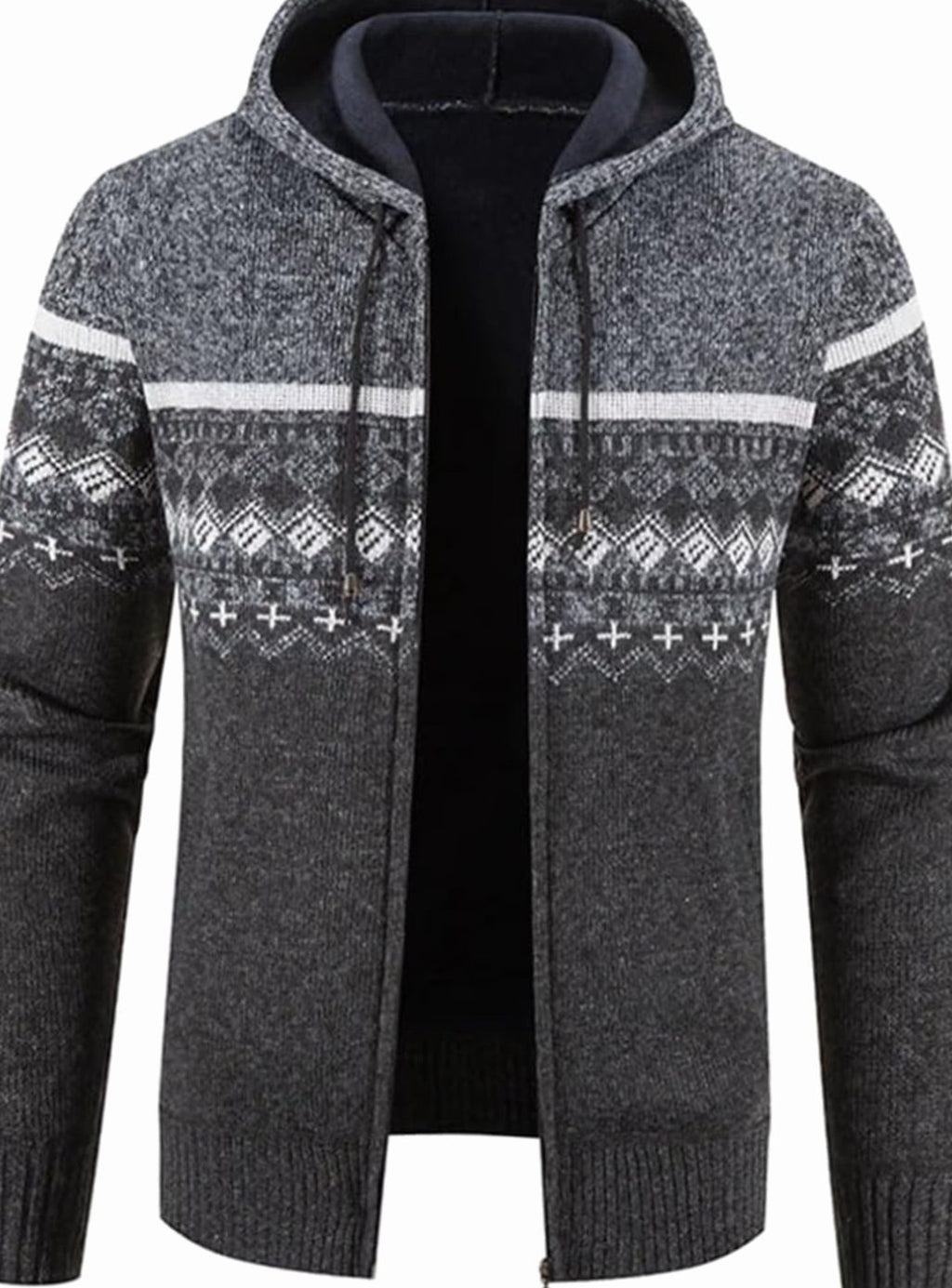 Men's Fleece-Lined Hooded Full-Zip Front Cardigan Sweater - White Gray