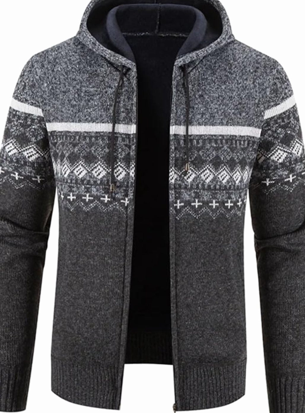 Men's Fleece-Lined Hooded Full-Zip Front Cardigan Sweater - White Gray