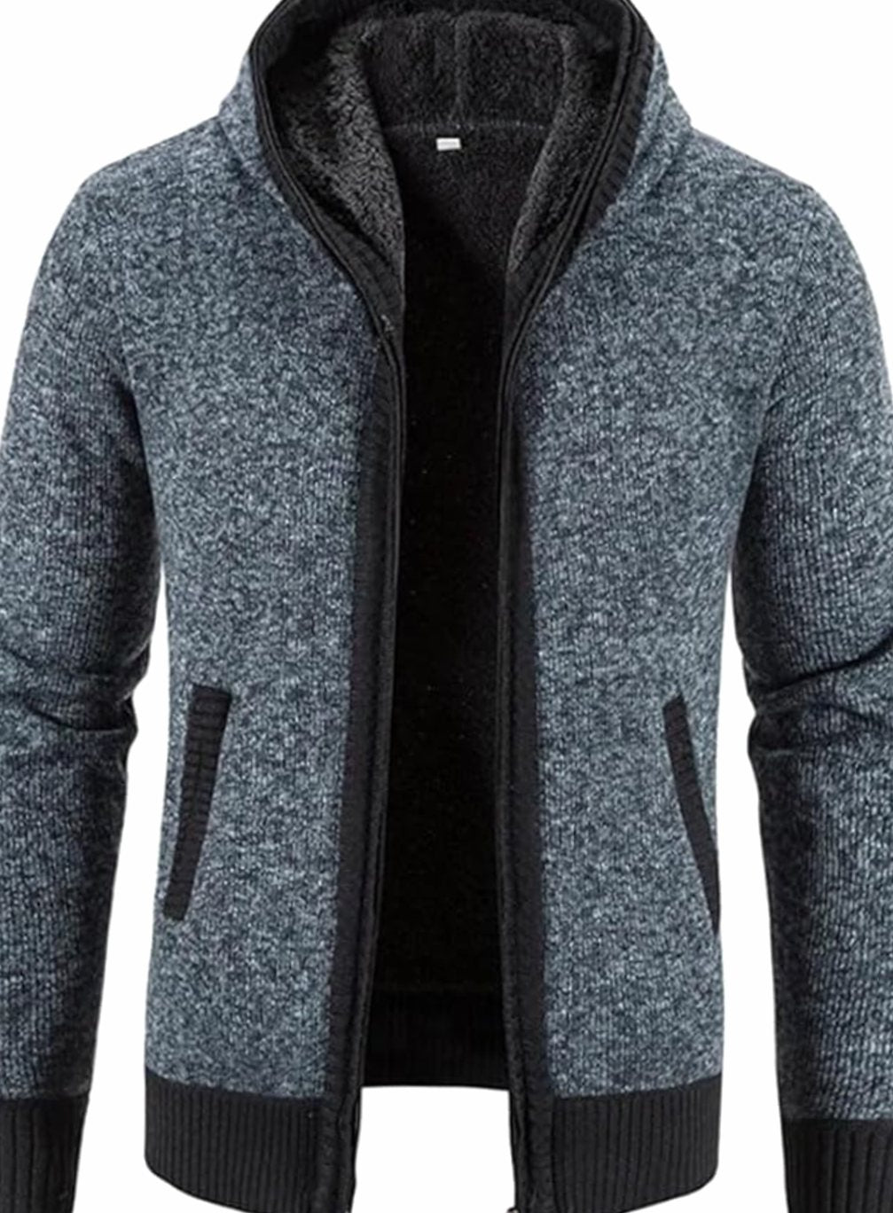 Men's Fleece-Lined Hooded Full-Zip Front Cardigan Sweater - Solid Blue