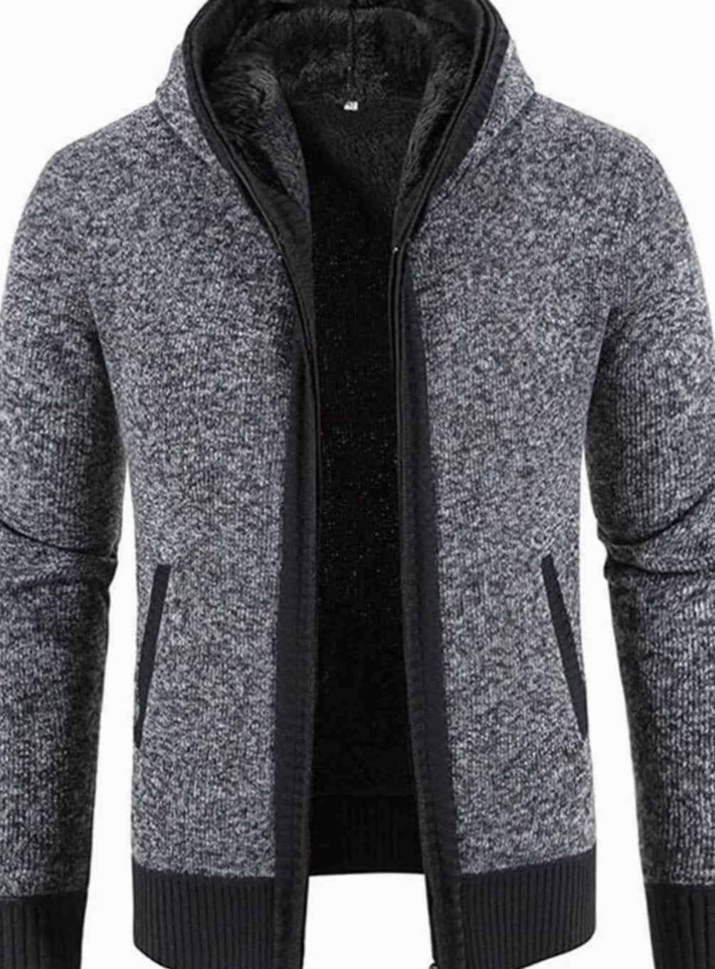 Men's Fleece-Lined Hooded Full-Zip Front Cardigan Sweater - Solid Gray