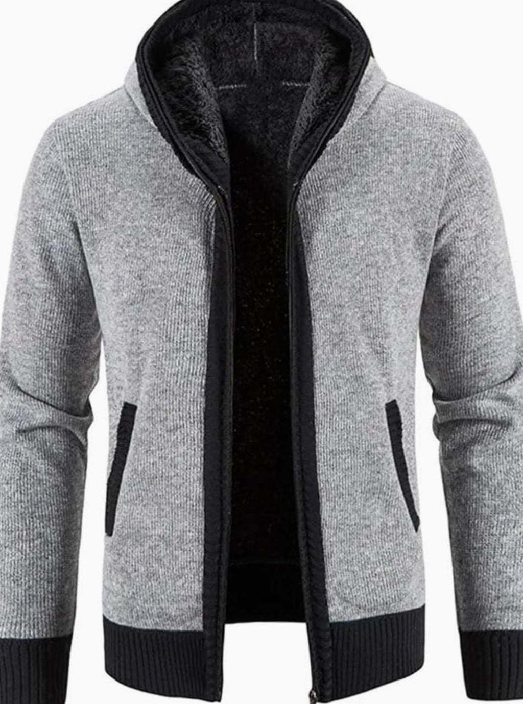 Men's Fleece-Lined Hooded Full-Zip Front Cardigan Sweater - Solid Light Gray