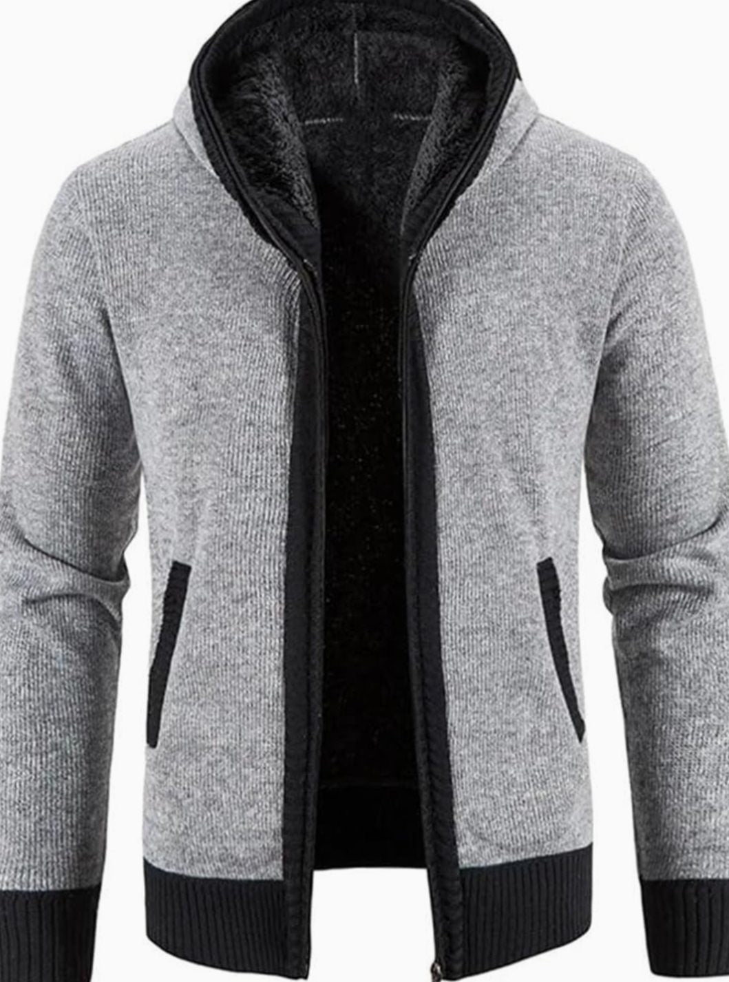 Men's Fleece-Lined Hooded Full-Zip Front Cardigan Sweater - Solid Light Gray