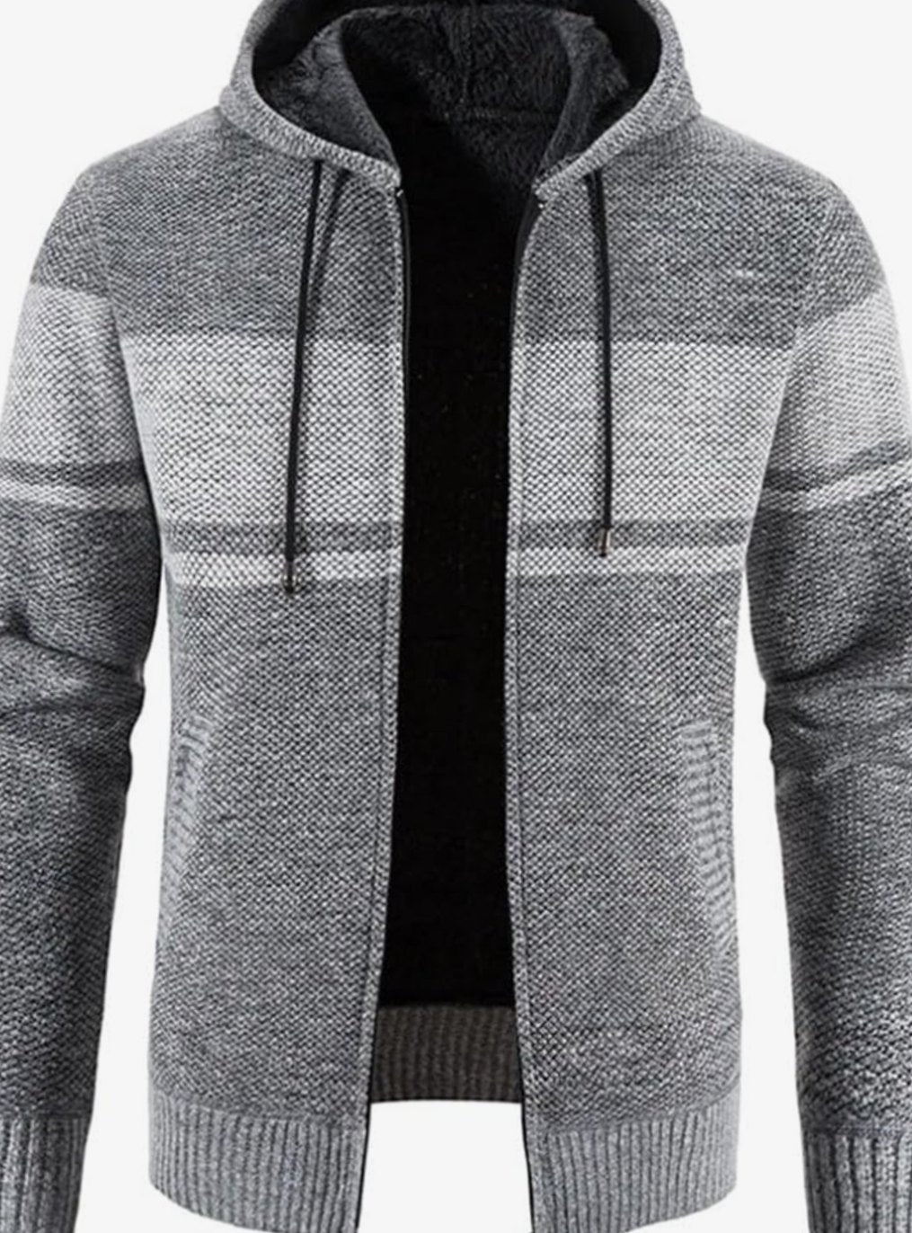 Men's Fleece-Lined Hooded Full-Zip Front Cardigan Sweater - Light Gray