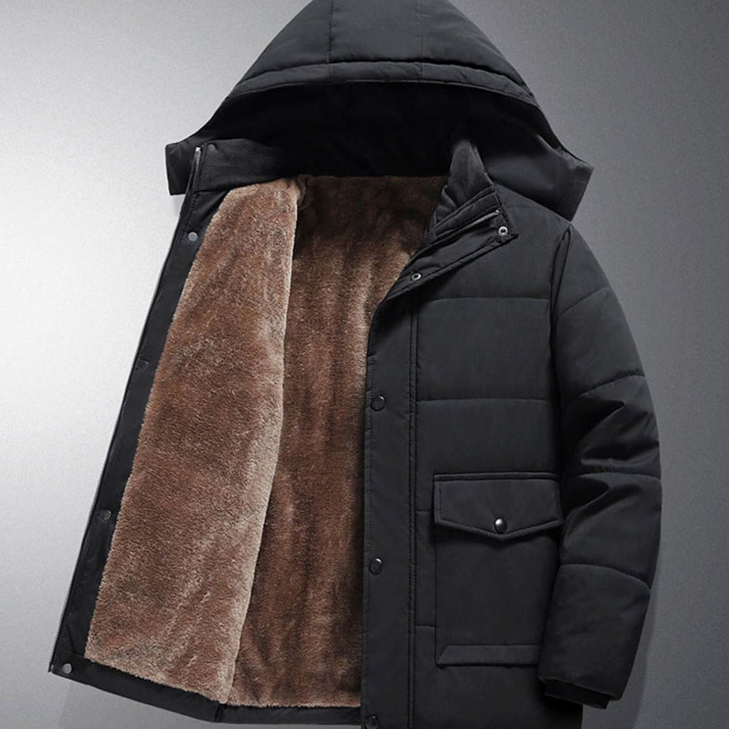 Men's Fleece-Lined Hooded Quilted Puffer Jacket Snap Pockets - Black