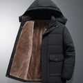Men's Fleece-Lined Hooded Quilted Puffer Jacket Snap Pockets - Black