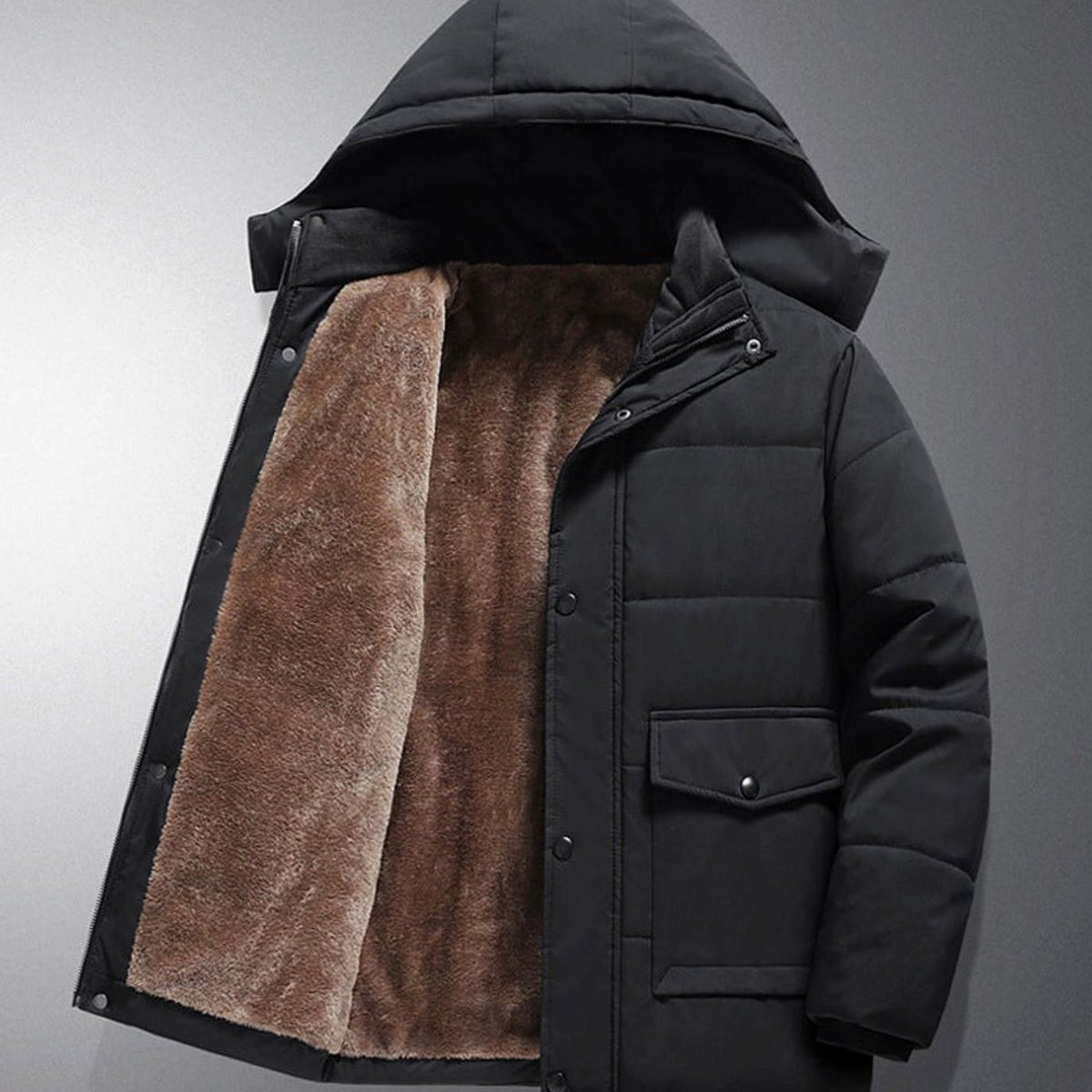 Men's Fleece-Lined Hooded Quilted Puffer Jacket Snap Pockets - Black