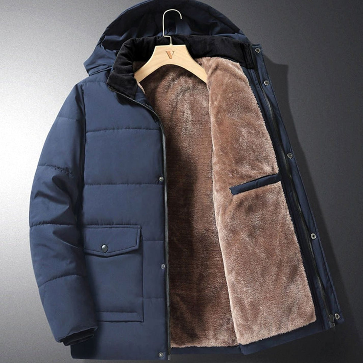 Men's Fleece-Lined Hooded Quilted Puffer Jacket Snap Pockets - Blue