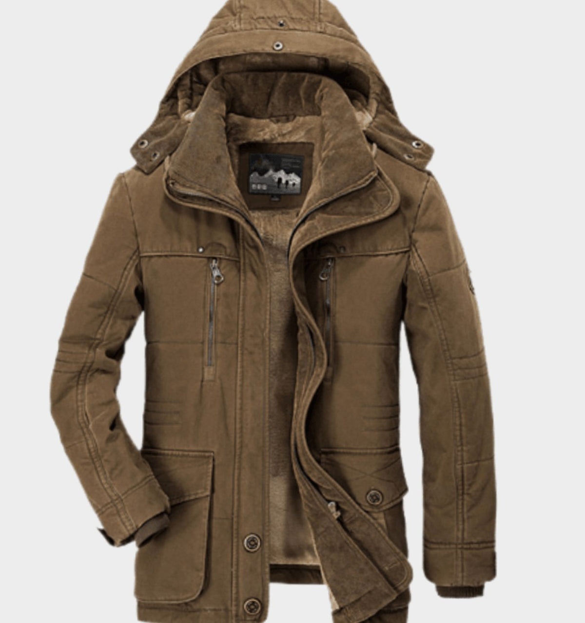 Men's Fleece-Lined Hooded Winter Parka Jacket Deep Pockets - Coffee
