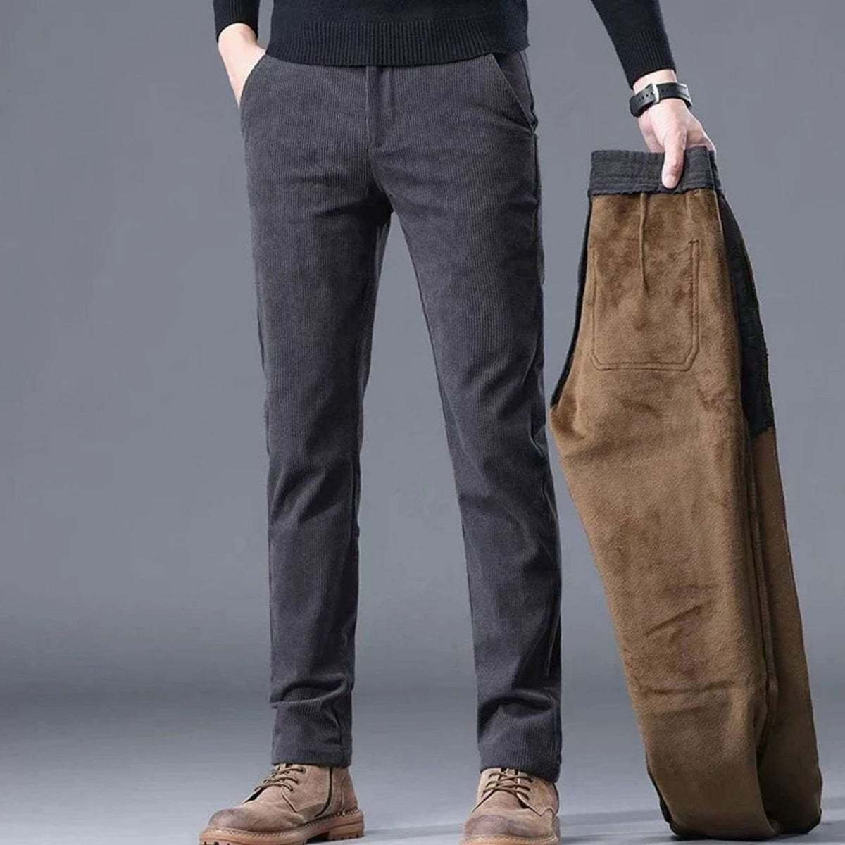 Men's Fleece-Lined Straight-Leg Corduroy Warm Pants - Dark Gray