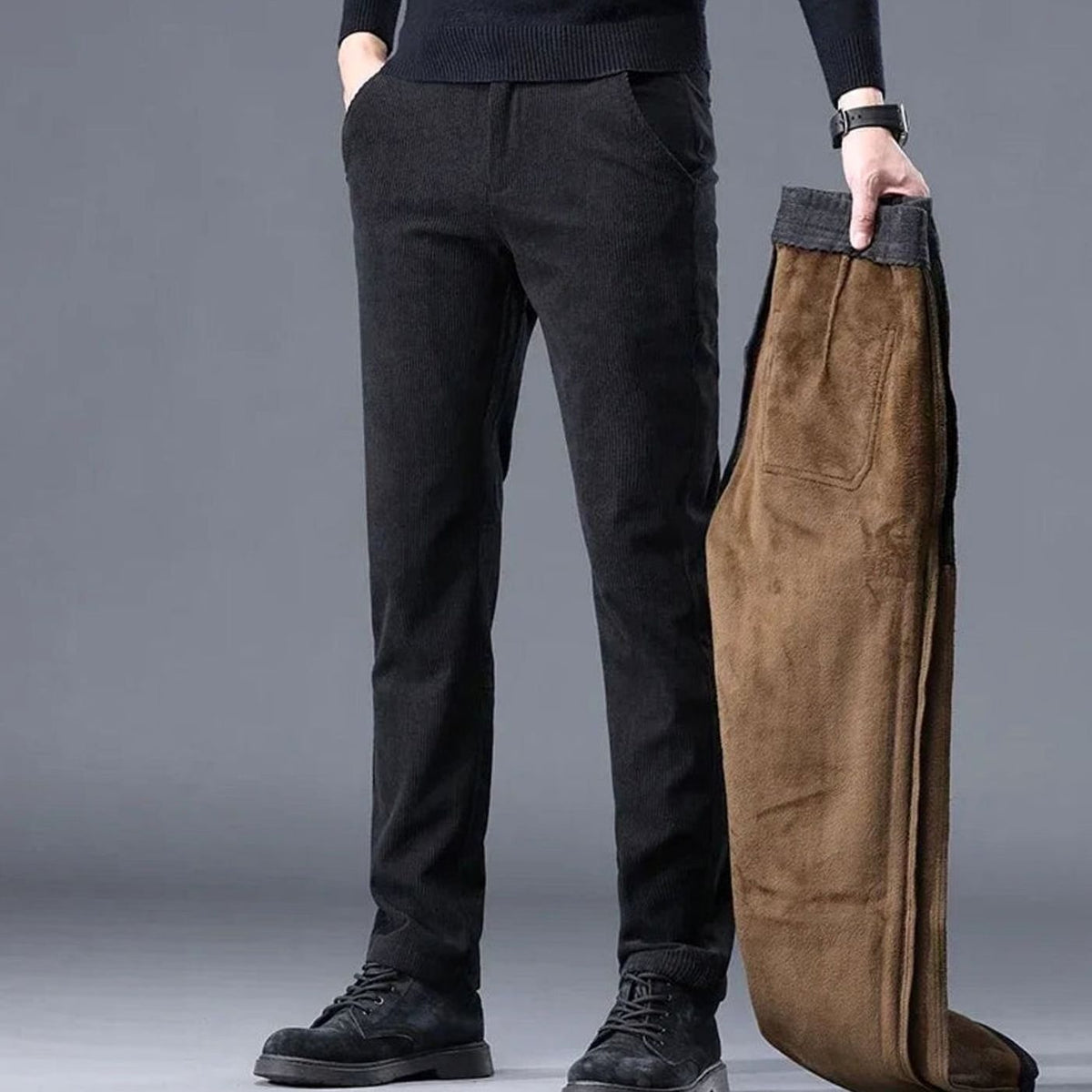 Men's Fleece-Lined Straight-Leg Corduroy Warm Pants - Black